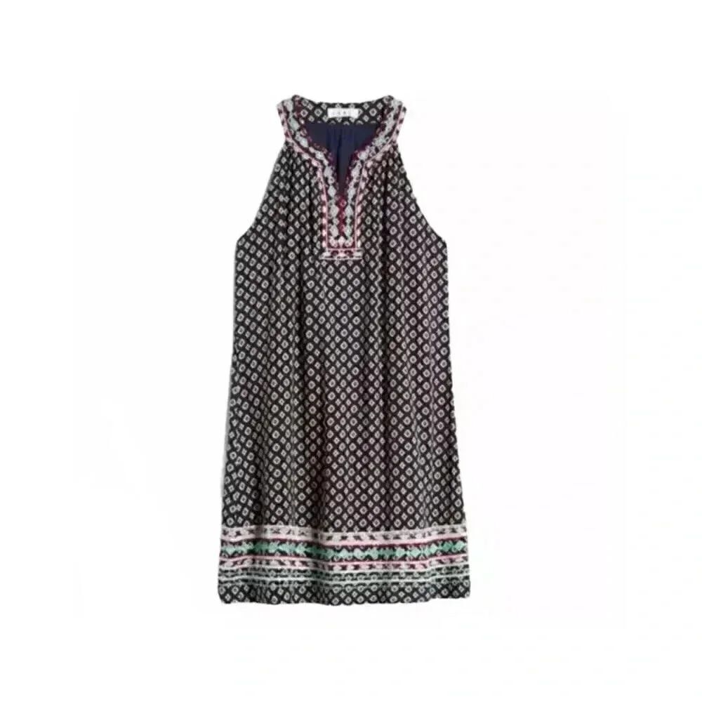 THML Navy Boho Embroidered V-Neck Lined Racerback Mini Shift Dress SZ M